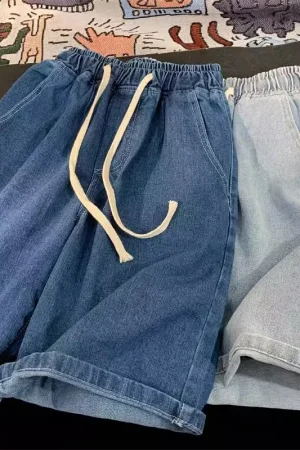 2025 New Korean Style Vintage Men's Jeans Summer Loose Male Wide Leg Knee Length Shorts New Washed Fashion Short Denim Pants