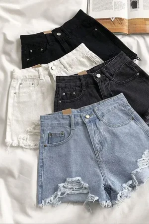 Korean Denim Shorts Women Summer Fashion Casual High Waist Ripped Jeans Pocket Tassel Y2K Hot Pants Streetwear Blue Trousers