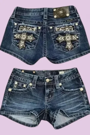Miss Me New Gothic Art Pattern Embroidery Decoration Low-waist Mini Denim Shorts Women's Y2K Sexy Slim and Versatile Short Skirt