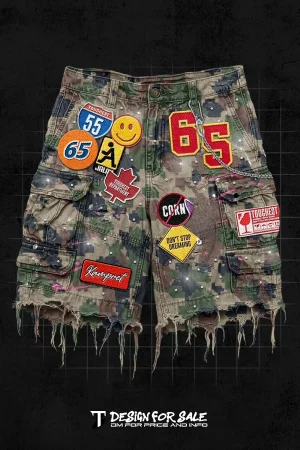 Retro Blue Streetwear Patchwork Denim Short Y2K Jeans Men Women Hip Hop Cartoon Graphics Loose Camo Denim Fitness Casual Shorts