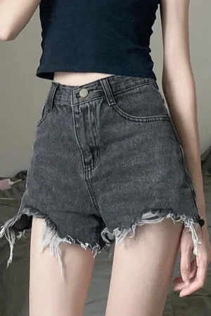 Hole Denim Shorts Women Summer Casual Streetwear Irregular Wide Leg Shorts Korean Fashion High Waist A Line Short Jeans Female