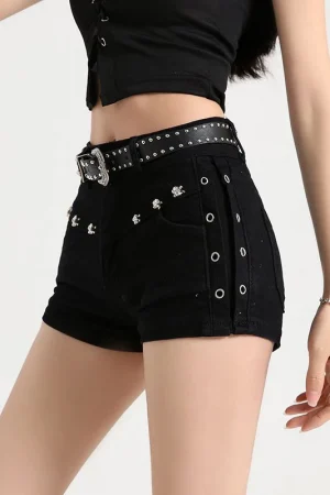 Summer Y2k Sexy Low Waist Mini Denim Shorts Women Vintage Korean Popular Girls Slight Strech Streetwear Gothic Rivet Black Jeans