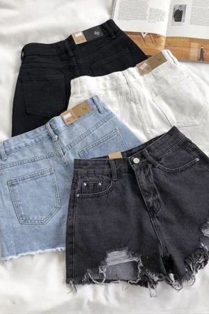 Korean Denim Holes Shorts For Women Fashion High WaistWide Leg Short Jeans Female Designer Casual Street Short 2024 New