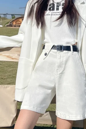 Summer Stretch Women Knee Jeans Wide Shorts Belt High Waist Loose Streetwear Y2K Short Denim Pants Black Coffee Female