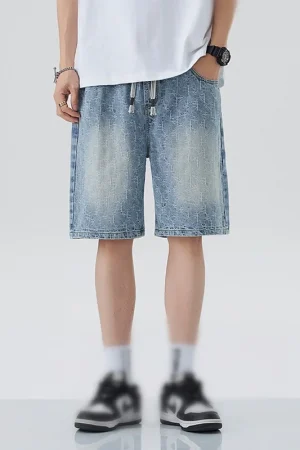 2025 New Korean Style Vintage Men's Jeans Summer Loose Male Wide Leg Knee Length Shorts New Washed Fashion Short Denim Pants