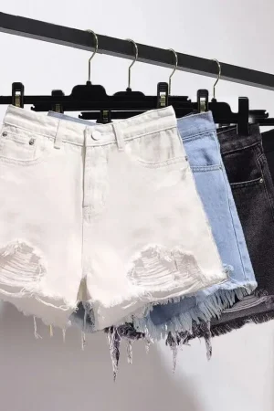 Summer Women's Cowboy Shorts Korean High Waist Casual Denim Shorts Pocket Tassel Perforated Ripped Holes Y2K Girls White Jeans