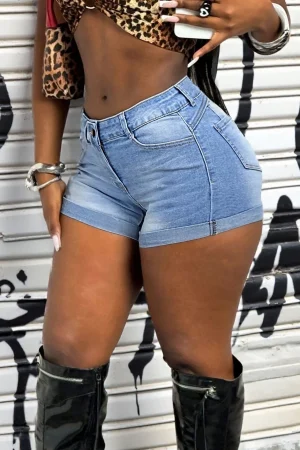 Classic Washed Blue Women's Denim Shorts, Skinny Stretch Jeans, Soft and Comfortable Fabric, Daily Casual Wear