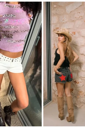 American Block Metal Rivet Decoration Low Waist Ultra Short Jeans Star Regular Design Printed Hip Pants Women's Summer New Pants