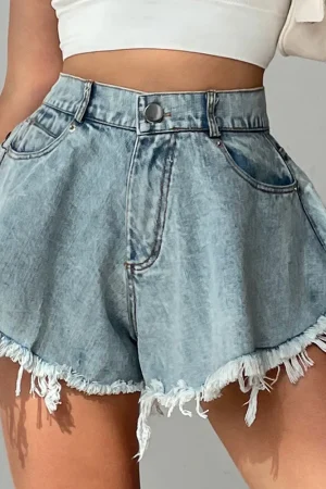 High Waist Womens Denim Shorts Spring Summer Denim Cotton Holes Splicing Shorts Loose Tassel Booty Shorts Sexy Club Short Jeans
