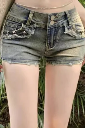 Women Korean Retro Y2k Shorts Pants Lady Vintage High Street Hot Pants Female Blue Low Waist Elastic Wrapped Hip Short Jeans